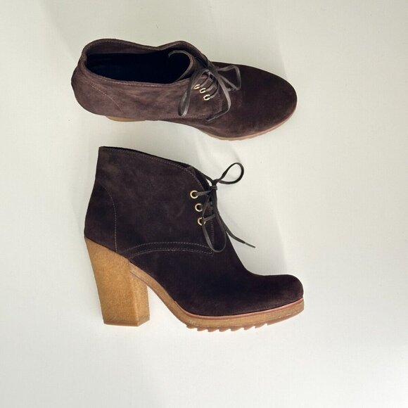 NEW PRADA Brown Suede Lace Up Rubber Heel Ankle Boots Size 38.5 - Picture 1 of 13